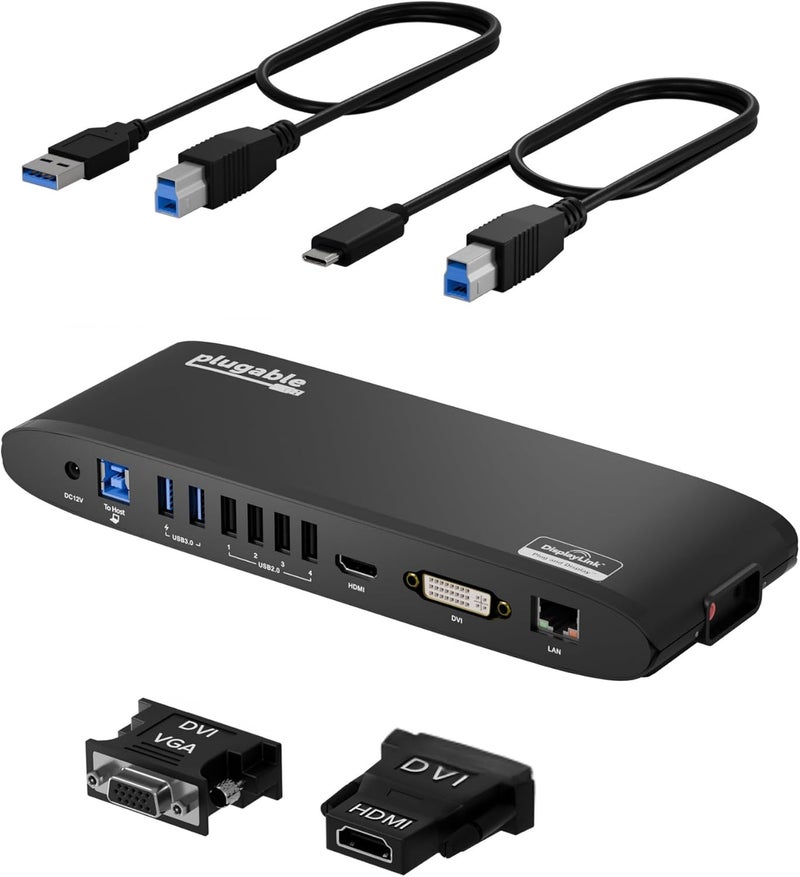 Plugable USB 3.0 Universal Docking Station for Windows, macOS, ChromeOS (Dual HDMI Monitors or DVI/VGA, Gigabit Ethernet, Audio, 6 USB Ports) - Image 1